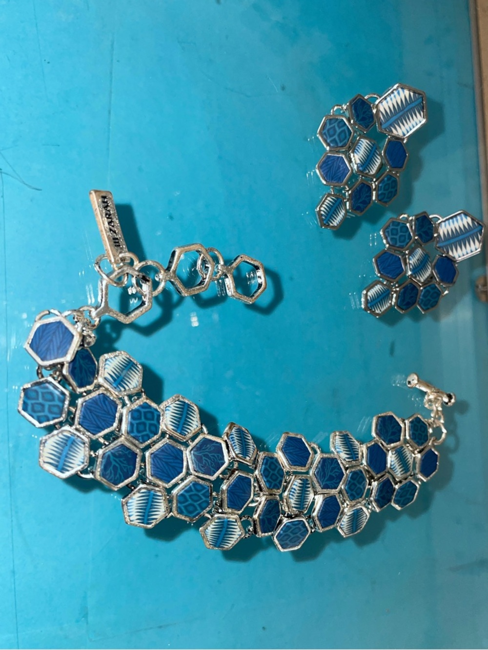 Blue Hexagon Mosaic Bracelet and Earring Set